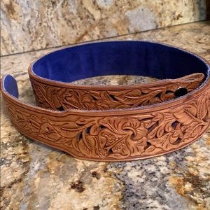Vintage leather tooled belt with suede back